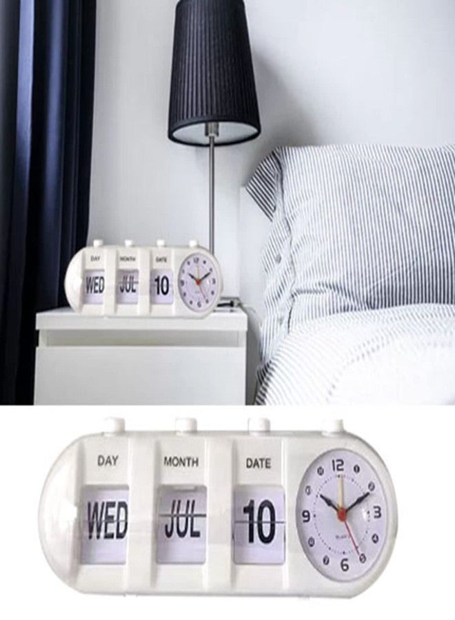 CHEOTIME Auto Flip Clock, Retro Table Clock Non Ticking Calendar Alarm Clocks Jump Desktop Clocks with Date, Month, Day of Week Display (White) - Image 4